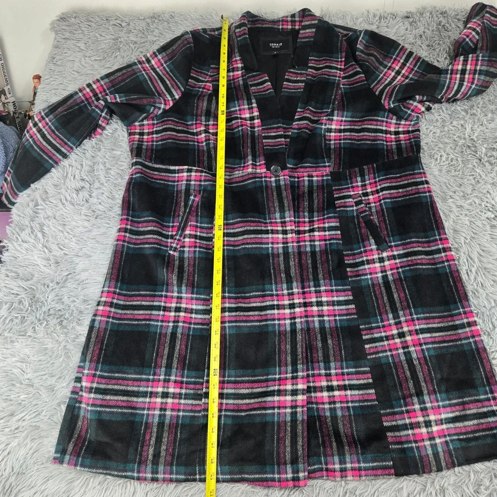 Torrid Womens 4 Black‎ Pink Teal Plaid Wool Blend Longline Single Button Coat